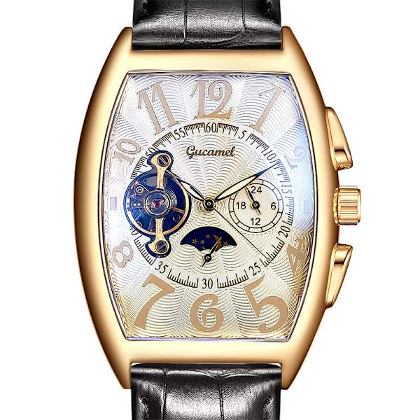 Herrklocka Tonneau Mekanisk Herrklocka Hjul Automatisk Urholkad Mekanisk Klocka Gold Shell white surface