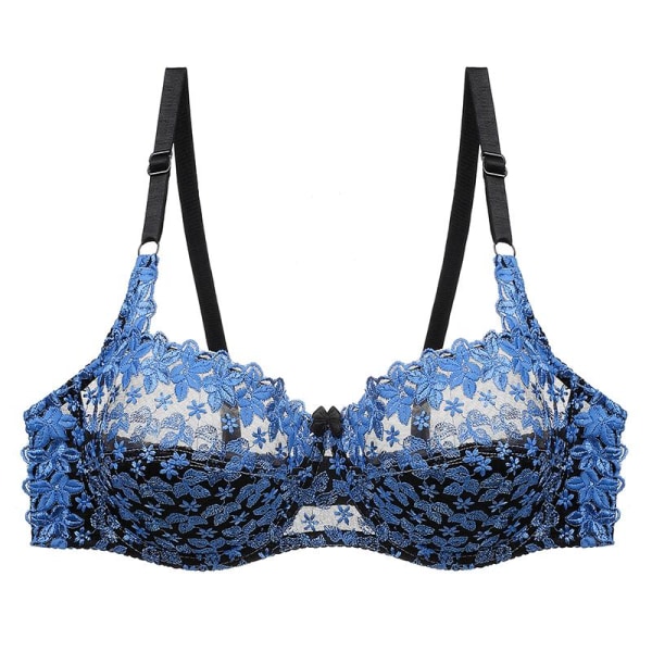 Sexig transparent BH med spetsbroderi för kvinnor, plus size behå, bralette, färgpatchwork-BH Blue 75C