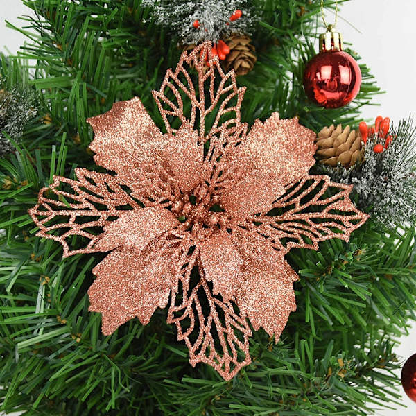 5 stk. Glitter Kunstige Juleblomster Juletræspynt til Hjemmet Falske Blomster Julepynt Nytårsdekoration rose gold 9cm
