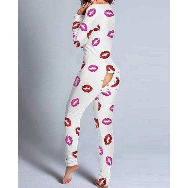 Dame Mote Trykket Funksjonell Åpen Bak Knappelukket Romper Casual Langermet Pyjamas Jumpsuit Plus Størrelse Purple L