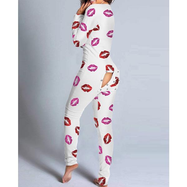 Printed funktionell byxa med öppen rumpa Knäppt Fritidskläder casual pyjamas Jumpsuit Plus Size Pink XXXXL