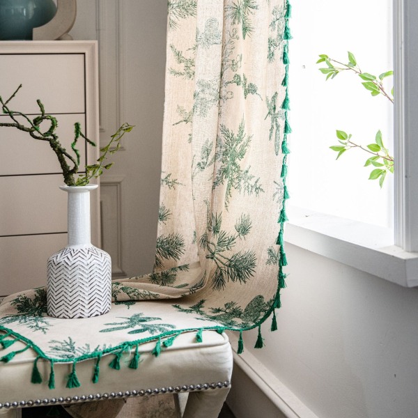 Puuvilla- ja pellavakangasverho, painettu vihreä mäntykäpy-kuvio, aamiaismajoitusverho, puolivarjo keittiön oviverho Green Pine fruit-hook 150*280