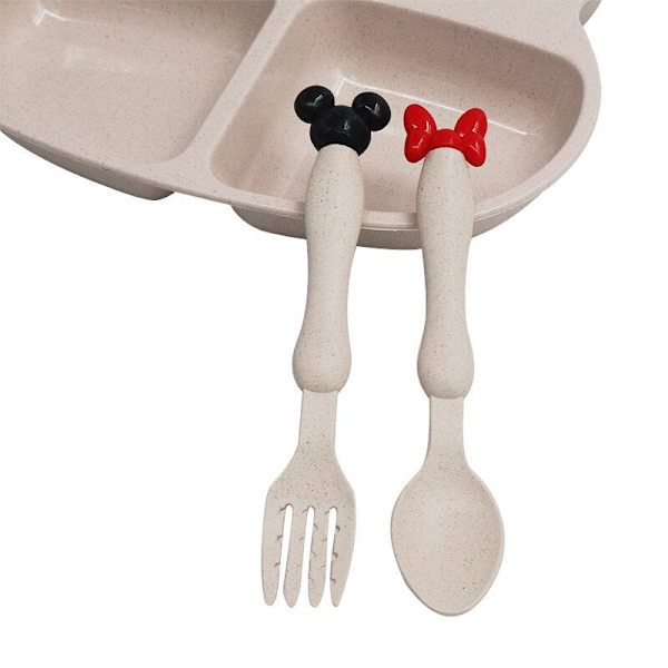 Børne Sød Tegneserie Bjørn Service Sæt Hvede Halm Baby Middagstallerken Madskåle Spædbarn Træningsskål Ske Gaffel til Børn Beige Set