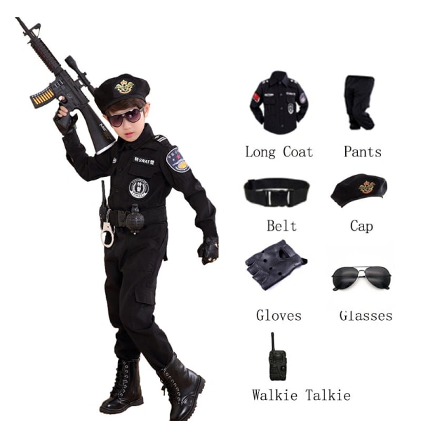 Barnpoliskostymer Barn Halloweenfest Karneval Polisuniform 110-160cm Pojkar Armépoliser Cosplay Klädset Set1 140CM