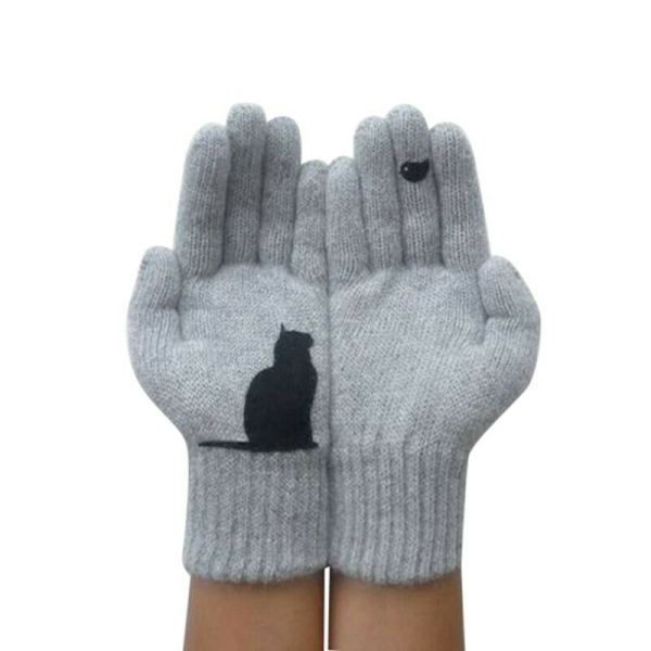 Vinterhandskar för män kvinnor tonåringar, söta katt- och fågeltryckta termiska stickade handskar, vindtäta varma vintervantar, mjuka Grey Gloves 20cm
