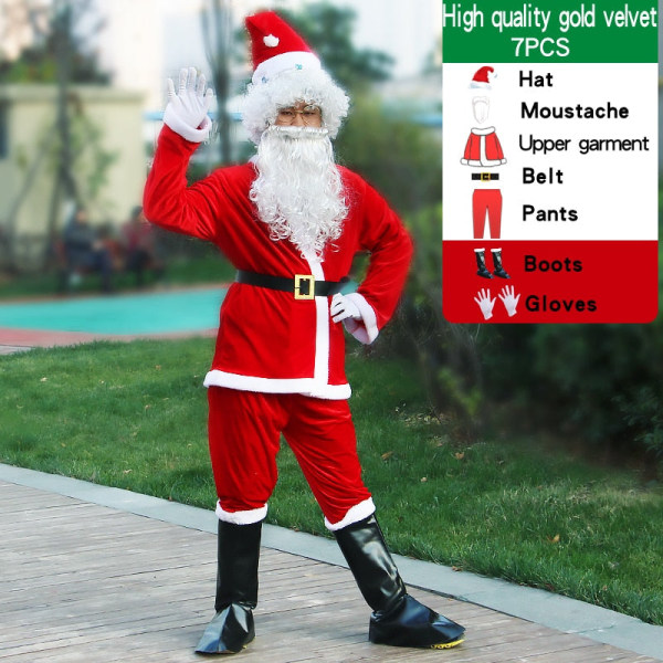 Julemandskostume mænd hat bælte skæg gavepose cosplay sød sjov polyester materiale ny stil Hvid og rød 8PCS-B 4XL
