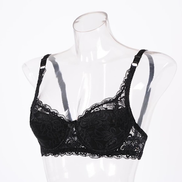 Sexig BH för kvinnor, blommig spetsbrodyr, transparent, supertunn underkläder, ventilerande behåar Black 36C