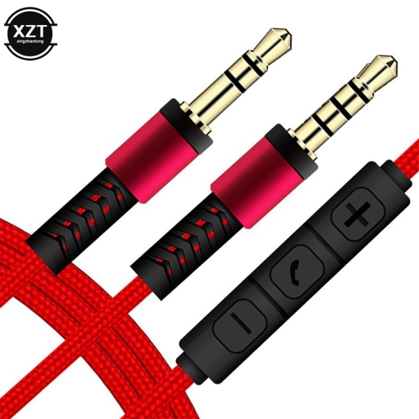 1,2 m audiokaapeli 3,5 mm - 3,5 mm liittimellä, kaiutinlinja Aux-kaapeli uros-uros mikrofonilla ja äänenvoimakkuuden säädöllä kuulokkeille ja autokaiuttimille Red