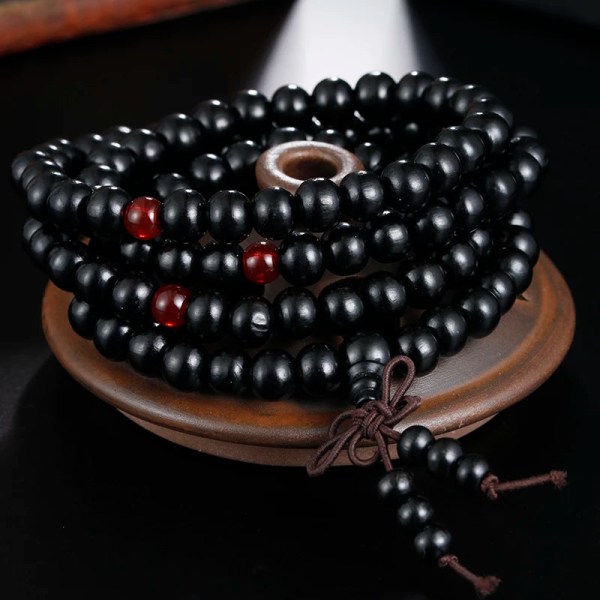 1st 8mm Naturligt sandelträ Buddhistisk Buddha Meditation Trä Bönpärla Mala Armband Armband Kvinnor Män Smycken 108 pärlor Dark Brown