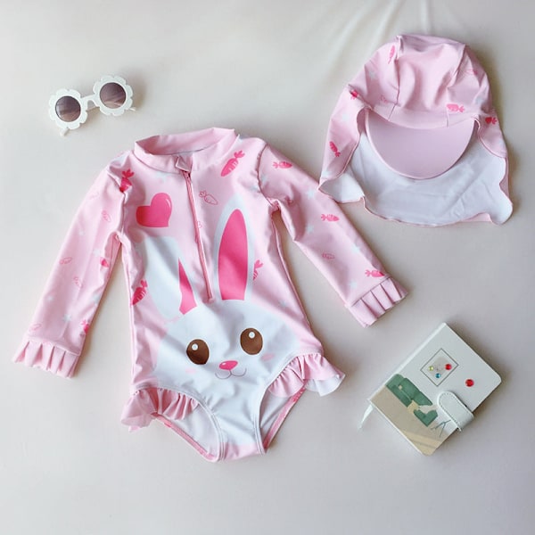 Baddräkt Heldräkt Spädbarn Långärmad Solskydd Baby Söt Kanin Prinsessa Flickor Badkläder Pink1 XL (110-120cm)