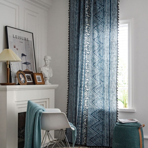 Blå Geometriska Vardagsrumsgardiner Bohemisk Stil Tryckta Gardiner Wear Rod 150*260
