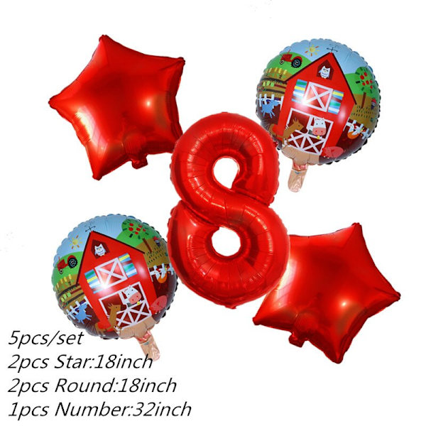 1 Set Folieballonger med Djurtema från Bondgården, Uppblåsbara, Grattis på Födelsedagen, Partydekoration, Barnfödelsedagstallrik, Mugg, Servett, Banner, Omslag 5pcs number 8 set