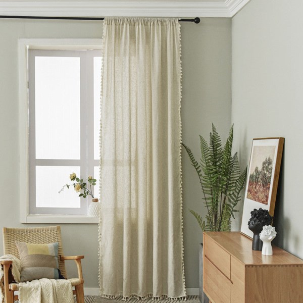 Simpelt bomulds- og linnedgardin stribet kvast stue gardinstang Beige Stripes tassel-Rod curtain 150W * 220 high CM