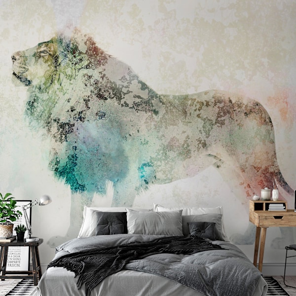Väggmålning - Djurens konung - lejon på en solid texturerad bakgrund med färgad accent 100x70 cm 100x70 cm