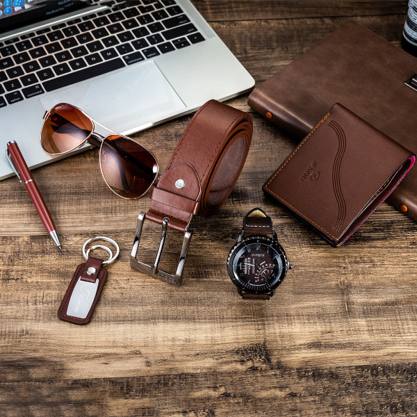 Herrklocka Watch Glasögon Bälte Plånbok Nyckelring Set Urtavla Quartz Brown