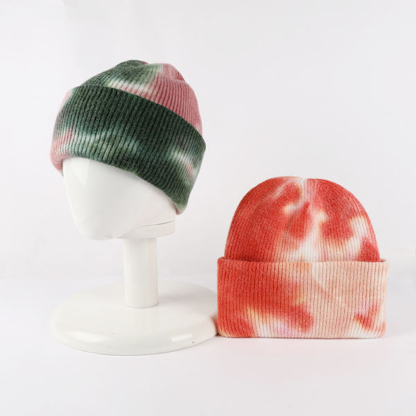 Ull Tie-Dye Handskar Mössa Tvådelad Varm Gradient Stickad Öronlapps Mössa Set Red tie-dye suit