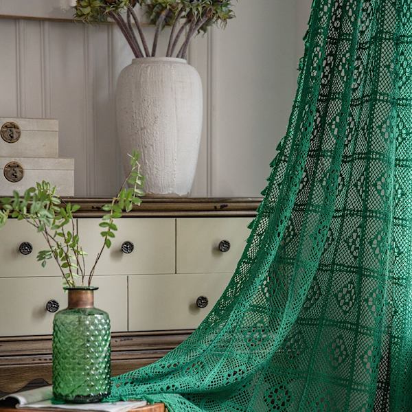 Heminredning Sovrum Spetsgardin Genomskinlig Retro Ihålig Virknål Bondgård Golvgardiner för Vardagsrum Green 100x180cm(WxH)