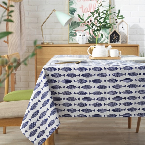 Tykkere duk i bomulls-linblanding med enkelt blått fisketrykk, japansk stil, vaskbar duk for bryllup og tebord no lace 140 X 200CM