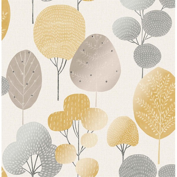 Scandi Forest Tree Metallinen Tapetti Metsäinen Lehti Keltainen Harmaa Hile Crown