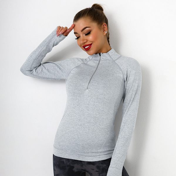 Europeisk og amerikansk strikket, sexy, tettsittende treningssports-skjorte med glidelås, fukttransporterende, hurtigtørkende yogaklær for kvinner 6318 long sleeve-White M