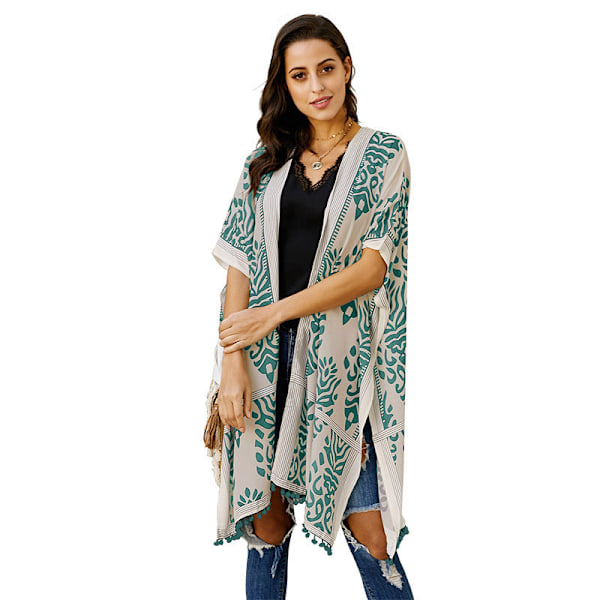 Badedragt Hawaii Seaside Holiday Cardigan Kortærmet Solbeskyttende Tøj Trykt Strand Cover-up Mellemlangt Badetøj LC85278-Black Average size