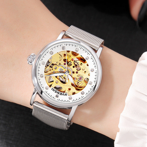 Huangshi Klocka Dam Hollow Luminous Automatisk Mekanisk Klocka Mode Bälte Business Damklocka Four-Leaf Clover White Black Belt