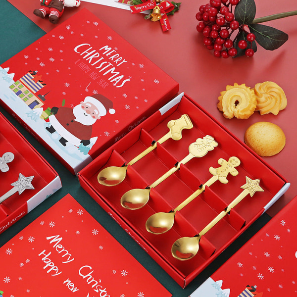 Gränsöverskridande Julbordsbestick i Rostfritt Stål Sked Kreativ Kaffesked Presentförpackning Söt Kostym Gold four-piece set (opp bag)
