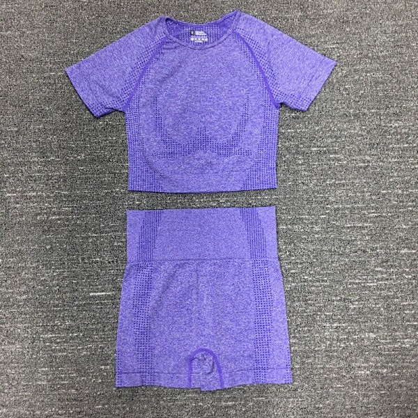 Yoga Sæt Sømløs Langærmet Crop Top Højtaljede Gym Fitness Leggings Til Kvinder ShortsSet-Wine L