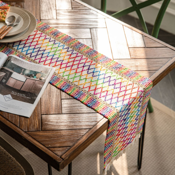 Puuvilla-pellava pöytäliina raidallisella tikkauksella, kaksivärinen kudottu tupsu, luonnonmateriaali, amerikkalainen pöytäliina Colorful chenille table runner 30*450 (including tassels)