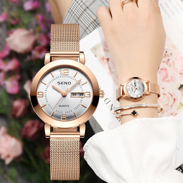 Quartz Ur Ikke-Mekanisk Dameur Lysende Vandtæt Dobbelt Kalender Kvinde Studerende Stålrem Ur Rose gold face