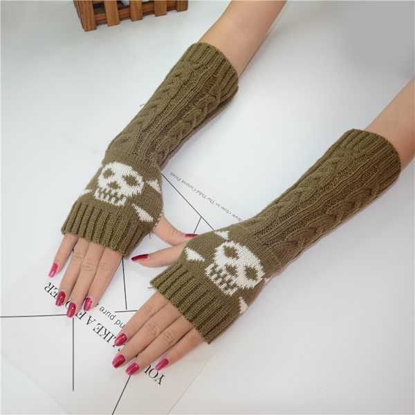 Goth Lange Fingerløse Armvarmer Handsker Armvarmere Piger Sorte Kranie Handsker Kvinder Strikkede Varme Handsker Punk EMO Mode Vanter Khaki 2 One Size