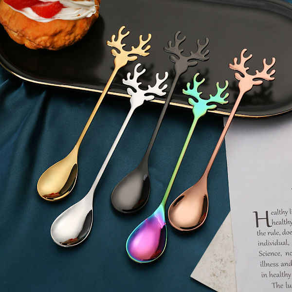 Kahvi Jälkiruokalusikka Ruostumattomasta Teräksestä Hirvilusikka Joulu Uuden Vuoden Lahja 304 natural elk spoon