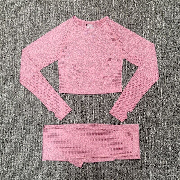 Yoga Sæt Sømløs Langærmet Crop Top Højtaljede Gym Fitness Leggings Til Kvinder ShortsSet-Wine M