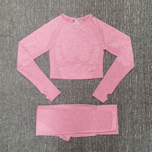 Yoga Sæt Sømløs Langærmet Crop Top Højtaljede Gym Fitness Leggings Til Kvinder ShortsSet-Wine S