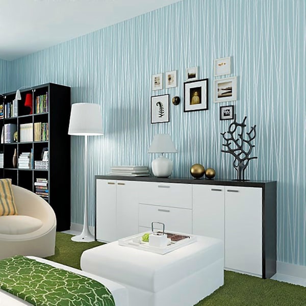 Moderne Enkel Ikke-vevd 3D Tapetrull Glitter Metallisk Stripe Tekstur Himmelsblå Flokk Stripe Tapet For Soverom Stue Lys Grå 4D Light Gray 4D
