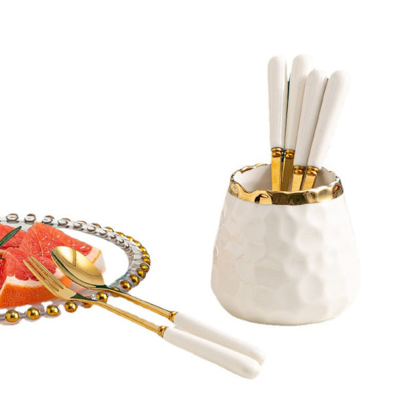 Husholdnings Rustfrit Stål High-End Overkommelig Luksus Frugt Gaffel Ske Sæt Kagegaffel Dessertgaffel Opbevaringstank Bordbestik Gaffel Ske White 3 forks 3 Spoons