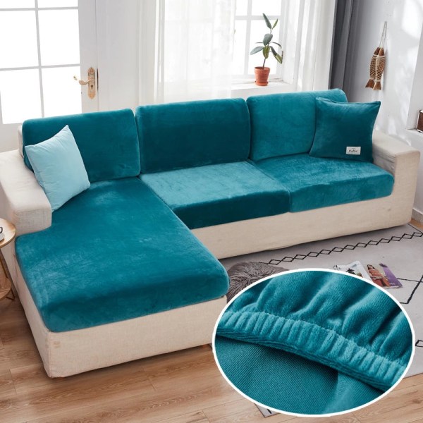 Velour Sofabetræk til Stue Plys Hyndebetræk Tykt Jacquard Ensfarvet Blødt Strækbart Sofabetræk Møbelbeskytter Lake Blue Bakcrest Cover