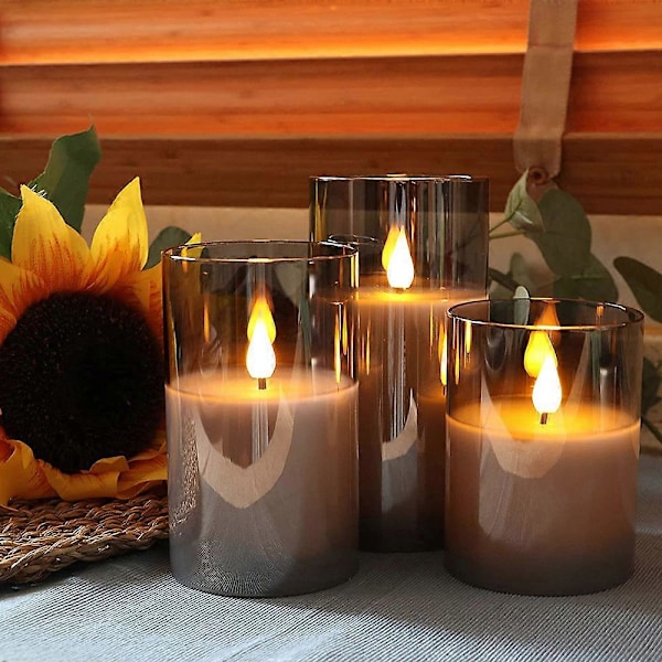 Grå flamlösa ljus i glas, 3 glaslyktor med fjärrkontroll och timerfunktion, varmvitt ljus med batterier inkluderade