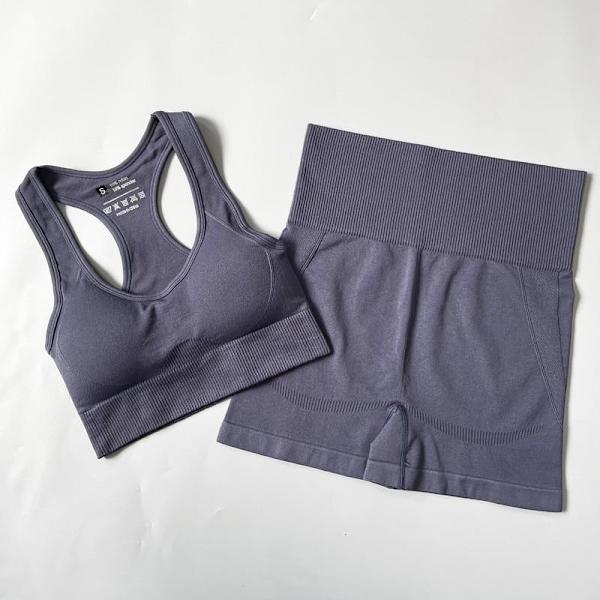 Yoga Set Sömlösa Sportkläder Tränings Sport Leggings+Top+BH Gym Set Kvinna Bra shorts Gray M