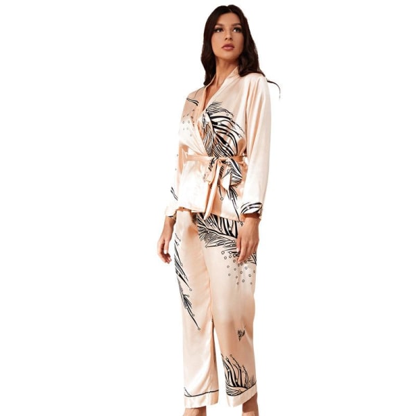 Print Fashion Ice Silk Pyjamas Women's 2023 New Long Sleeved Set Fashion Pyjamas Champagne S