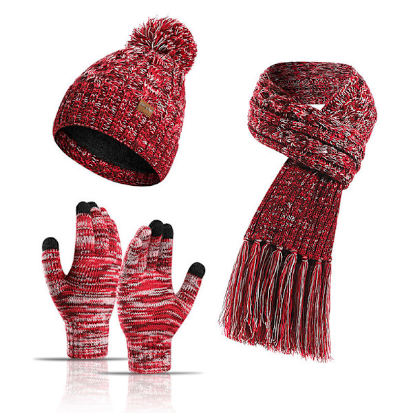 Höst och Vinter Ny Stickad Ull Europeisk och Amerikansk Färg Hatt Förtjockad Halsduk Touch Screen Handskar Tredelat Set Plum Red