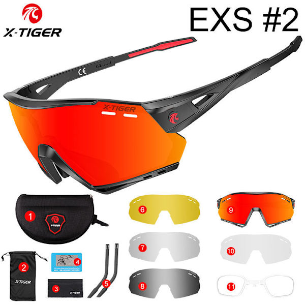 X-TIGER Polarisoidut urheilupyöräilyaurinkolasit miesten pyöräilylaseille UV-400 linssillä, pyörälasit MTB-suojaukseen, pyöräilylasit EXS#2-Black and Red 17cm