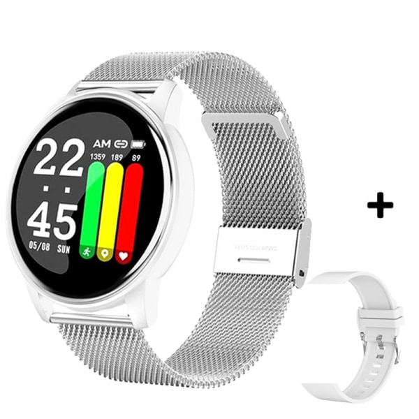 Watch Kvinnor Män Blodtryck Puls Fitness Tracker Watch Sport Rund Smartwatch Smartklocka för Android IOS Steel add Silica