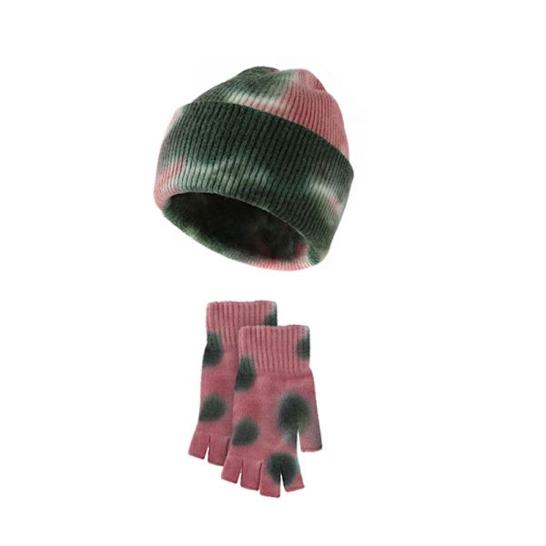 Ull Tie-Dye Handskar Mössa Tvådelad Varm Gradient Stickad Öronlapps Mössa Set Red tie-dye suit