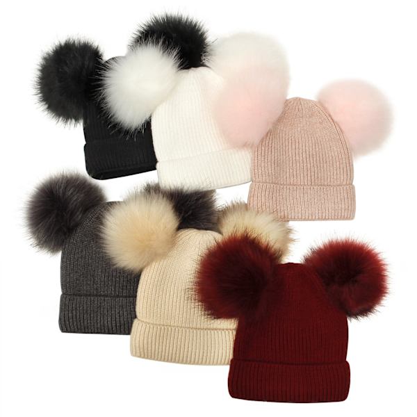 Talvinen neulottu pipo lapsille ja naisille, villapipo pariskunnille, pörröinen tupsupipo, yksivärinen talvihattu turkiksella, äiti ja vauva -vanhempi-lapsi-hattu #3 beige S code (0-4 years old)