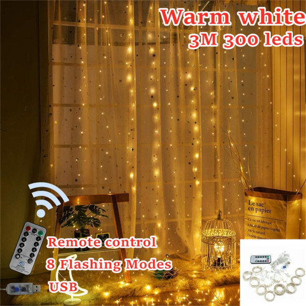 3*3M USB LED Verhoketju Kuparilanka Keijuvalot Garland Puutarha Häät Koristelu Valosarja White 1M