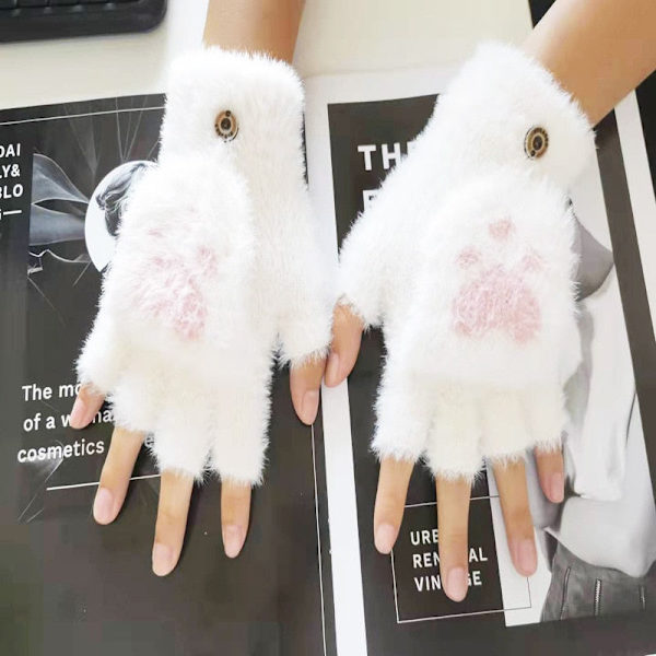 Kawaii Katt Handskar för Kvinnor Mode Flickor Katt Klo Tass Plysch Vantar Varma Mjuka Plysch Korta Fingerlösa Halvfinger Vinterhandskar White2 One Size