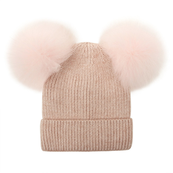 Talvinen neulottu pipo lapsille ja naisille, villapipo pariskunnille, pörröinen tupsupipo, yksivärinen talvihattu turkiksella, äiti ja vauva -vanhempi-lapsi-hattu #3 beige S code (0-4 years old)