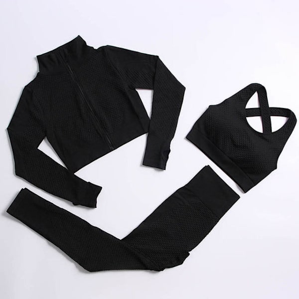 Yoga Set Träningskläder gym fitness för damer träningsdräkt 3 Pcs set black L