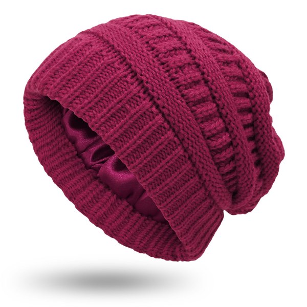 Höst och Vinter Ins Ny Hatt Dam Skyddande Frisyr Varm Ull Stickad Satin Hatt 9 Färger #5 wine red Average size